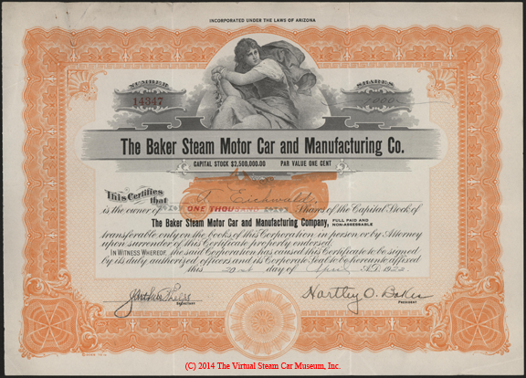 Baker Steam Motor Car and Manufacturing Company, April 20, 1922, 1000 Shares Stock Certificate A. Eichwald Front